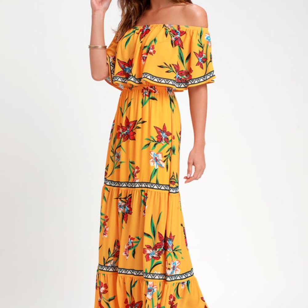 Lulus Cancun Cutie Yellow Floral Print Off-the-Shoulder Maxi Dress